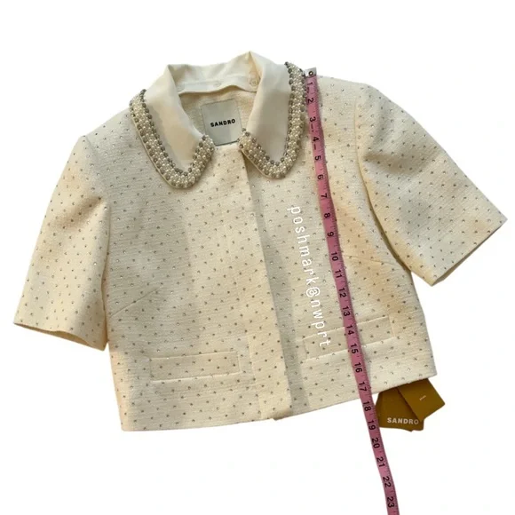 NWT 💯 SANDRO Paris Lahavane Rhinestone Crop Blazer Jacket Blouse Top 34 0 XS - Picture 8 of 13